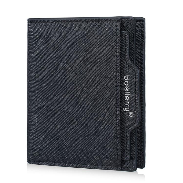 Men's compact wallet, black textured leather-look, foldover with card slots