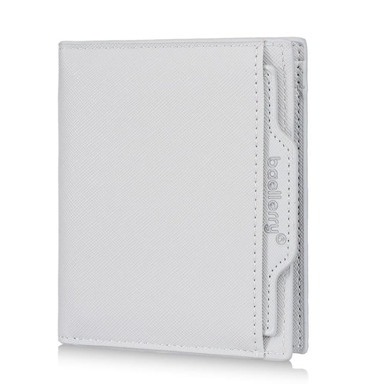 Men's compact wallet, light gray textured leather-look, foldover with card slots
