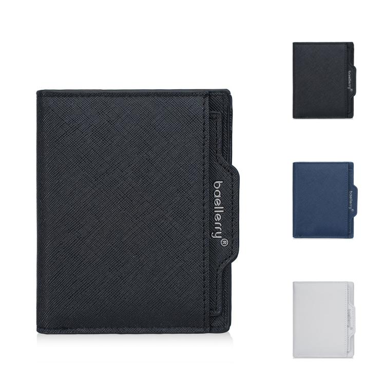 Men's compact wallet, black textured exterior with logo and card slot panel