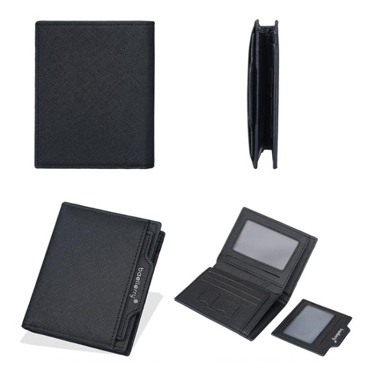 Men's compact wallet, black, open view showing card sleeves and bill pocket
