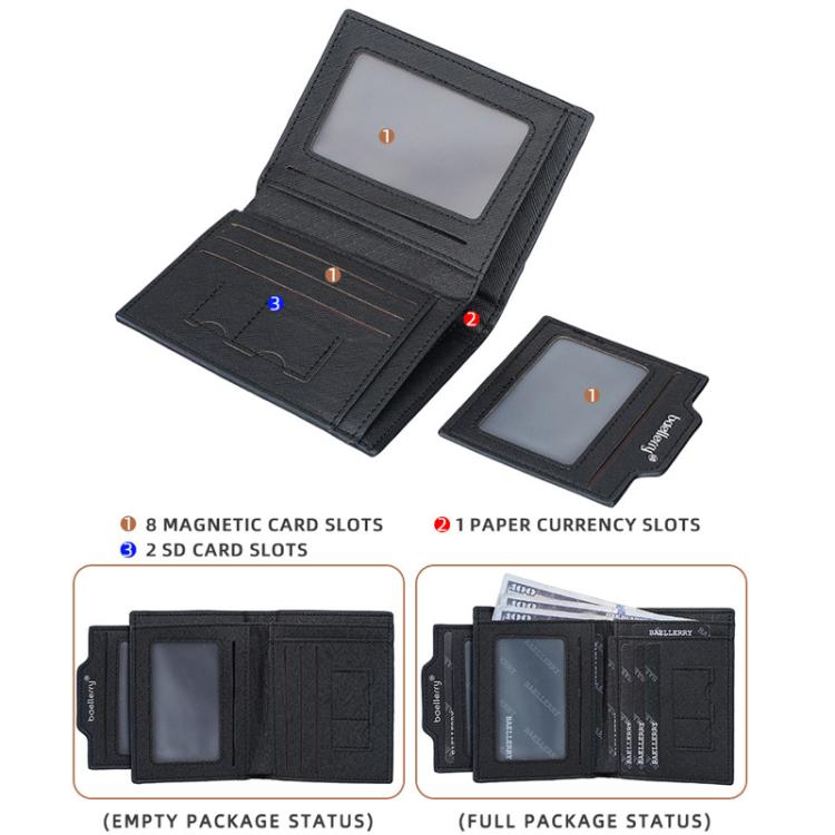 Men's compact wallet, black interior view with card slots and currency pocket