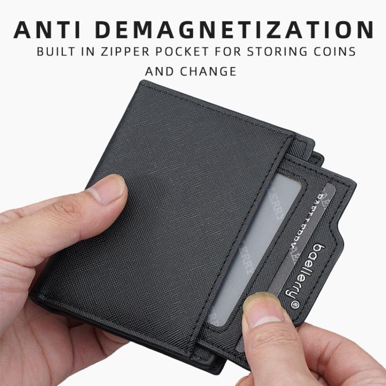 Men's compact wallet, black with ID window and bill pocket, held in hand