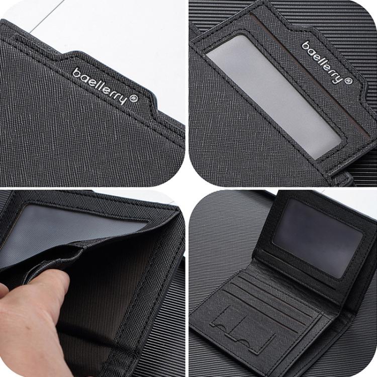 Men's compact wallet, black with logo strap and transparent ID card window detail