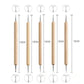 Pottery sculpting tools with illustrated measurements for different tip sizes on wooden handles
