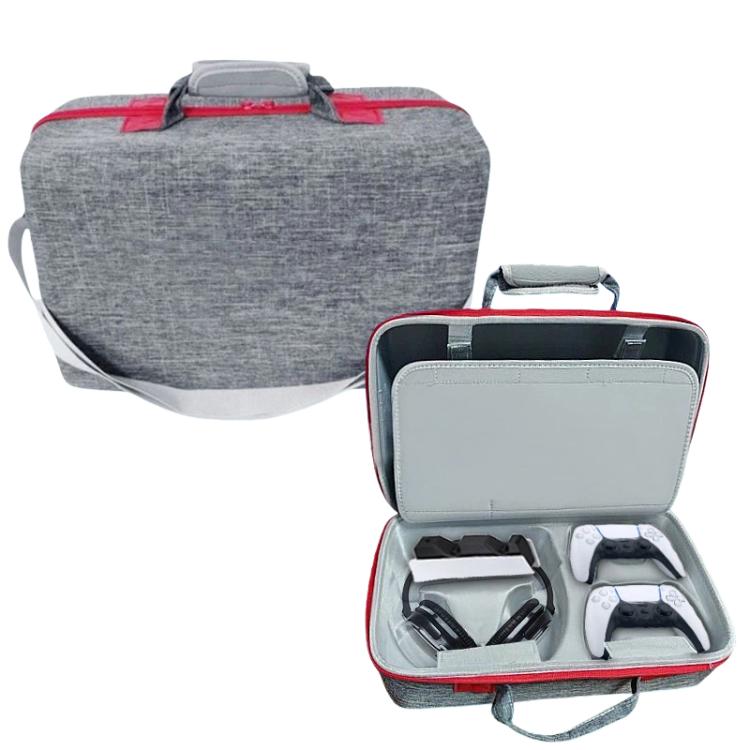 PS5 Slim console carrying case, gray, open with divider trays for controller and headset