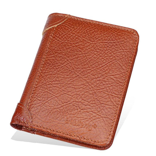 Coffee-brown leather short tri-fold wallet, textured front with logo embossing