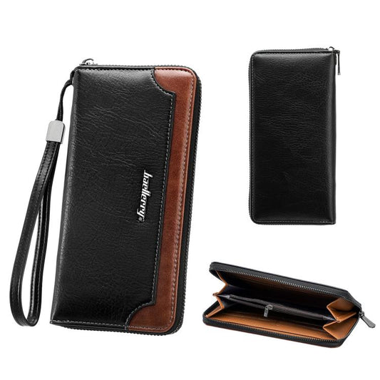 Men's long wallet with wrist strap, contrast tan trim, and zip-around closure