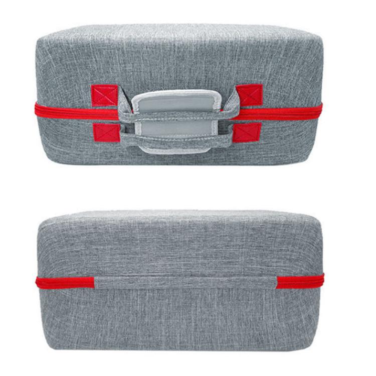 Gray PS5 Pro carry case with red reinforced straps and top handle