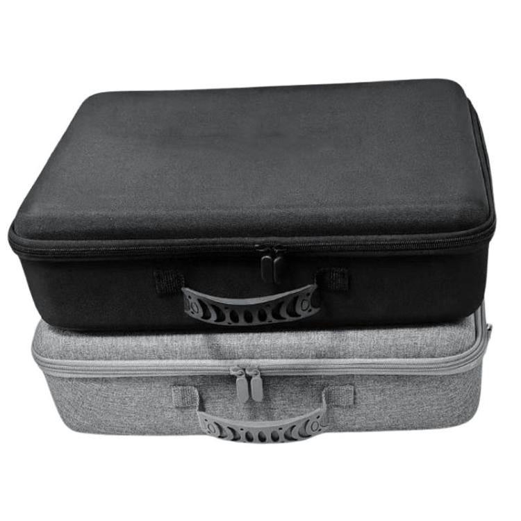 Stacked zippered hard-shell carry cases with EVA-style exterior in black and gray