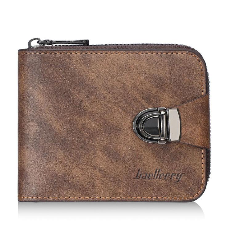 Men's dark brown compact leather wallet with zip coin pocket and metal clasp closure