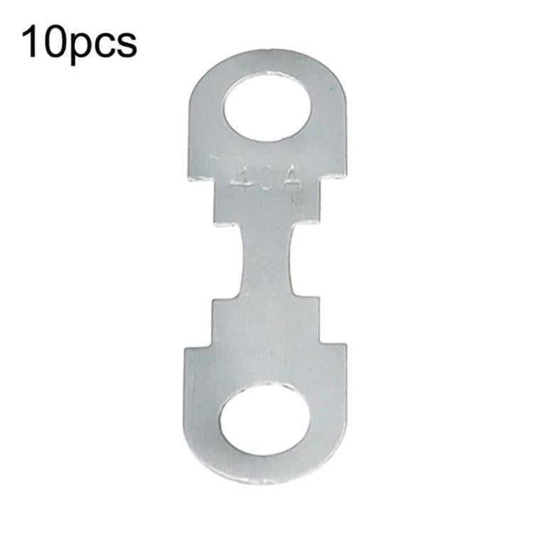 Automotive bolt-down flat fuse link, stamped 40A, silver metal with two mounting holes