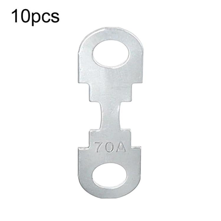 Automotive bolt-down flat fuse link, stamped 70A, silver metal with two mounting holes