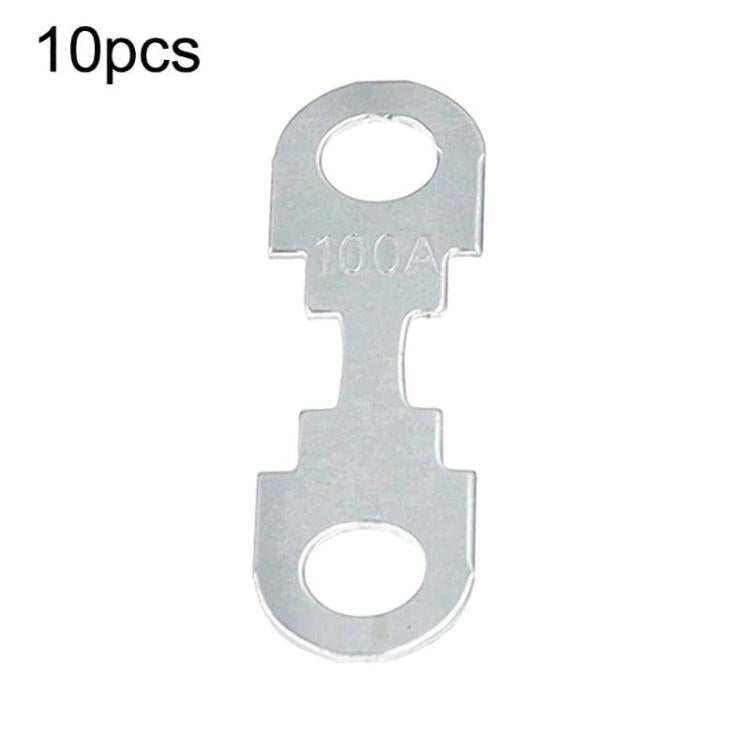 Automotive bolt-down flat fuse link, stamped 100A, silver metal with two mounting holes