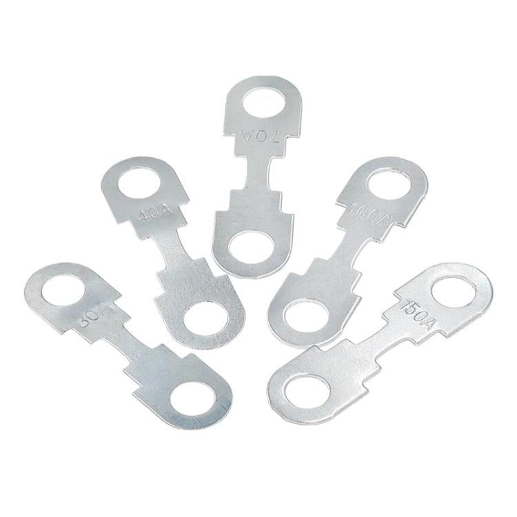 Set of automotive bolt-down flat fuse links, mixed amp ratings, silver metal with mounting holes