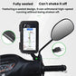 Waterproof phone holder with touchscreen window and mounted phone on handlebar