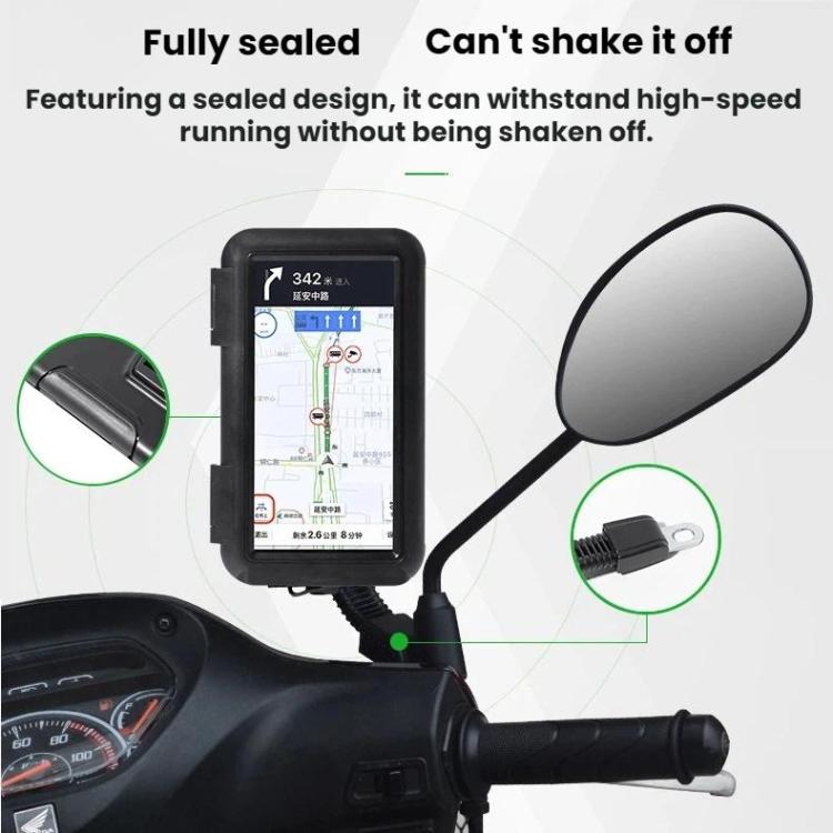 Waterproof phone holder with touchscreen window and mounted phone on handlebar