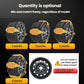 Orange and black tire chains on wheels, shown for different pack quantities