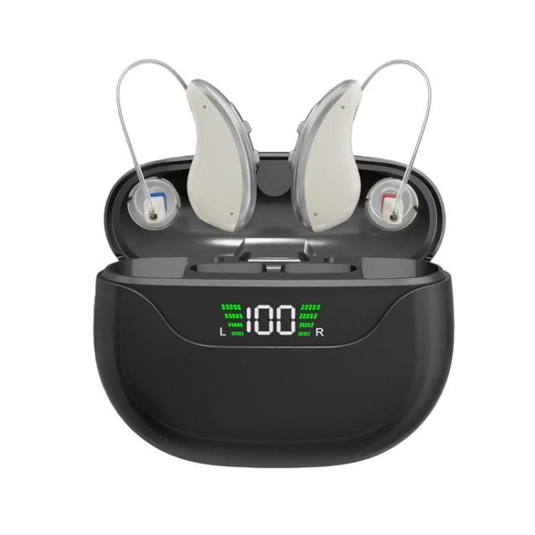 Dual open-fit behind-the-ear hearing aids on magnetic charging case with LED display