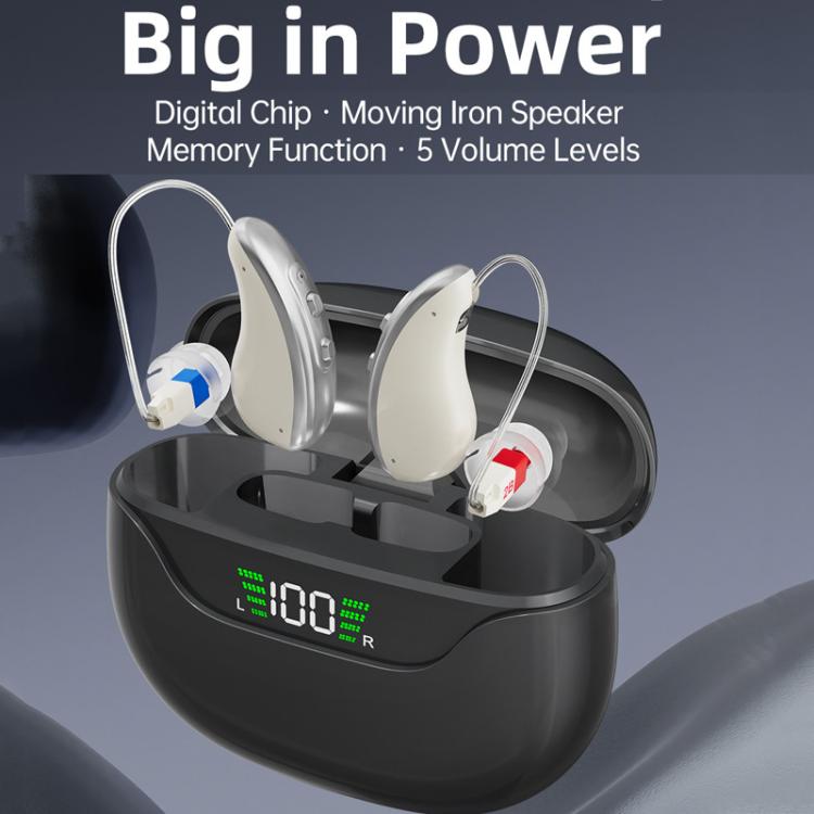 Dual behind-the-ear hearing aids seated in magnetic charging case with glowing LED readout