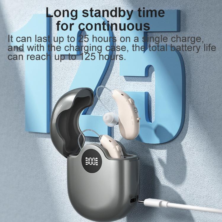 Dual BTE hearing aids resting in a dark charging case with connected cable