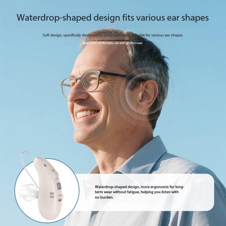 BTE hearing aids worn on an ear, with white behind-the-ear devices