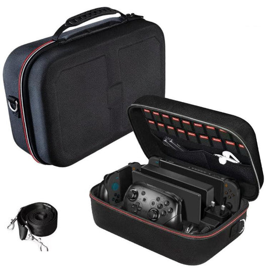 Hard shell gaming carry case, black with red piping, zipper opening to reveal inner compartment