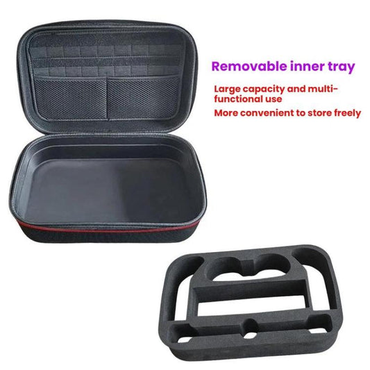 Hard shell carry case with removable inner tray and accessory holder, black with red trim
