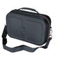 Hard shell console carrying case, black textured fabric with red trim, top handle and shoulder strap