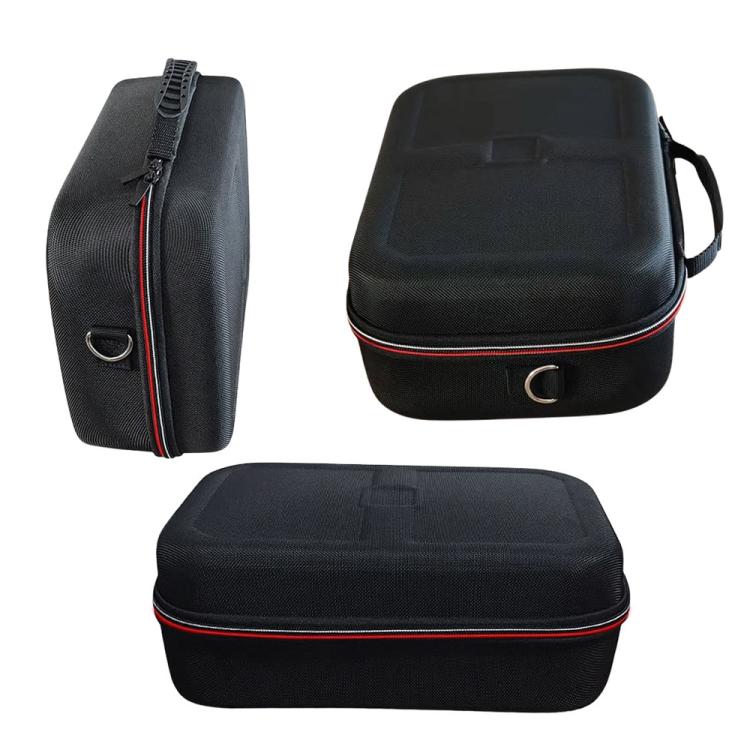 Hard shell carrying case set, black base and lid with red-trim zipper and strap