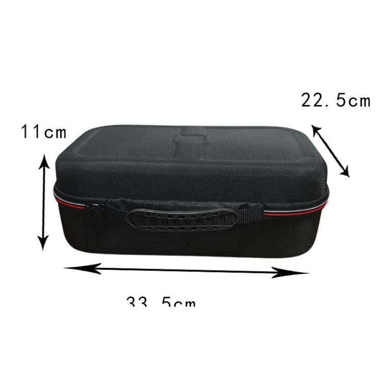 Hard shell carry case dimensions shown: 33.5 cm x 22.5 cm x 11 cm, black with red trim