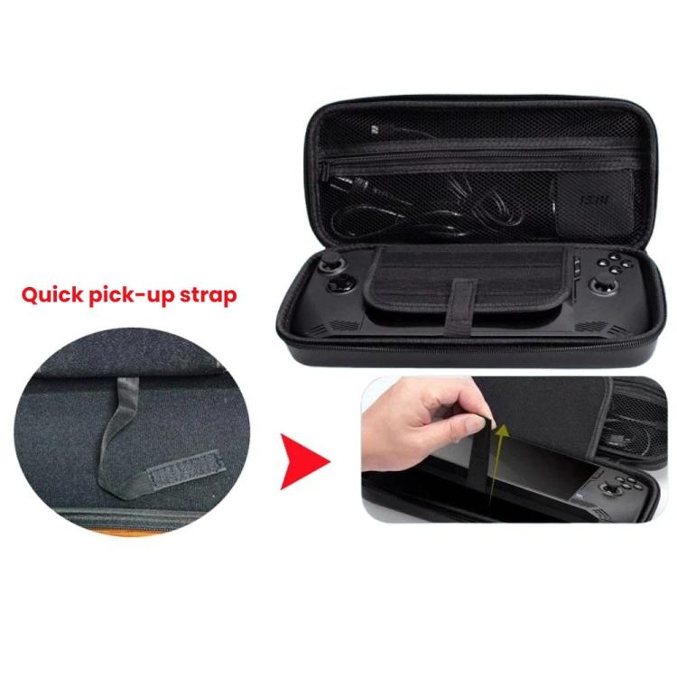 Black case with open lid and quick pick-up strap access