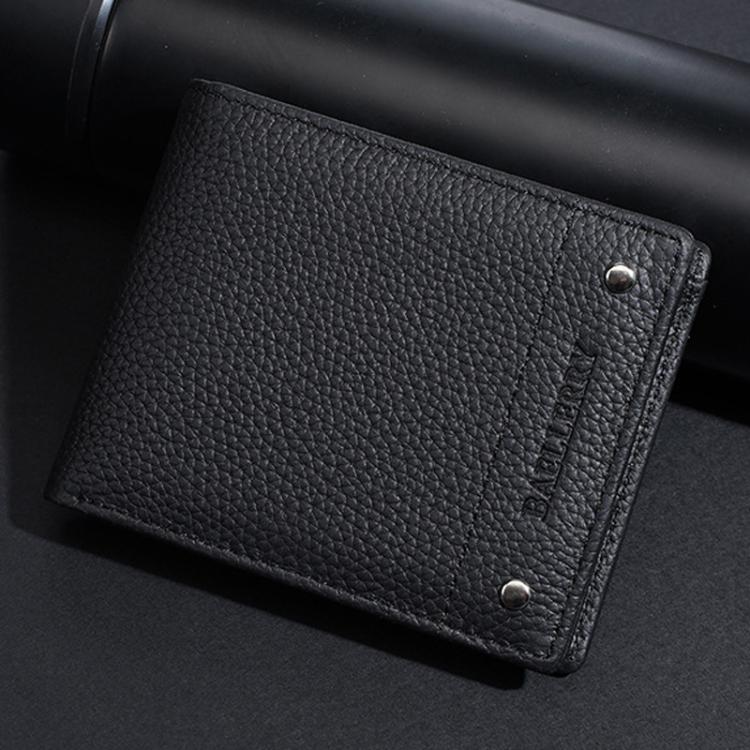 Black lychee-texture leather compact wallet with snap button closure and stitched panels