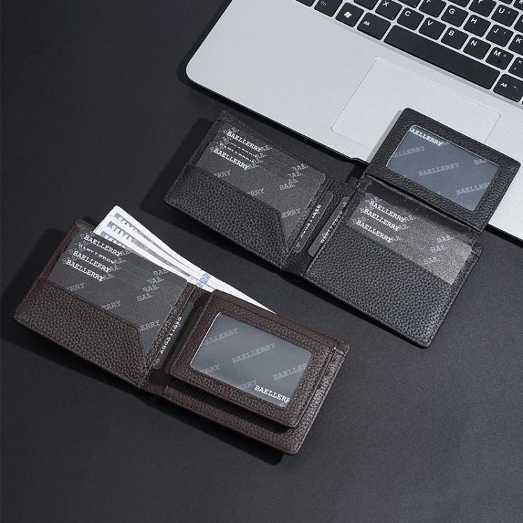 Compact leather wallet showing multiple card slots and a transparent ID window, open