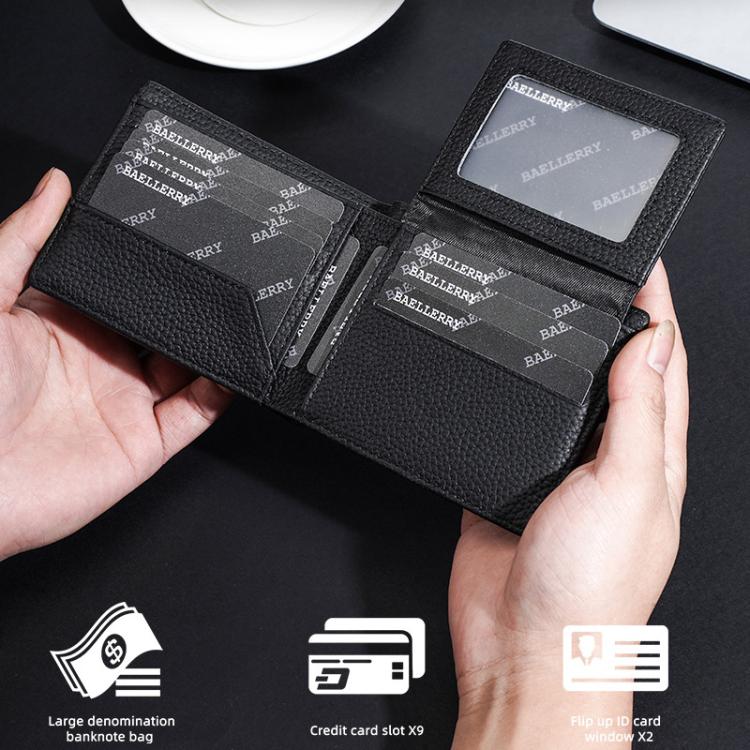 Men’s compact leather wallet opened in hands, showing card slots and a clear ID window