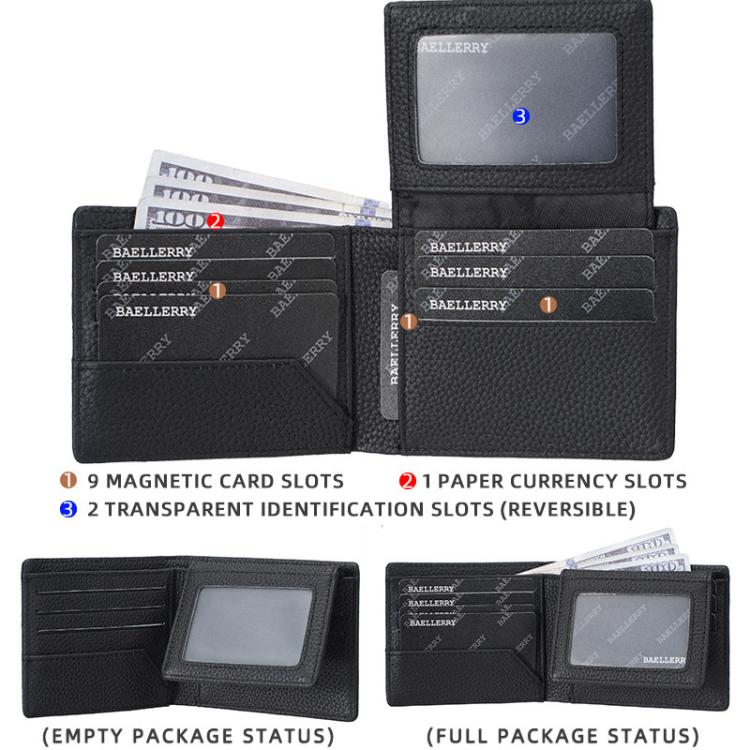 Compact leather wallet layout showing card slots and a transparent ID window