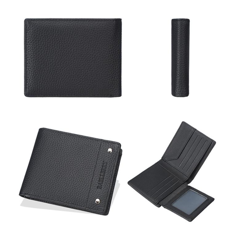 Black leather compact wallet set view: folded wallet, side profile, and open card slots