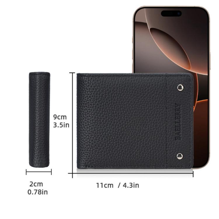 Black lychee-texture leather compact wallet with size diagram beside a smartphone