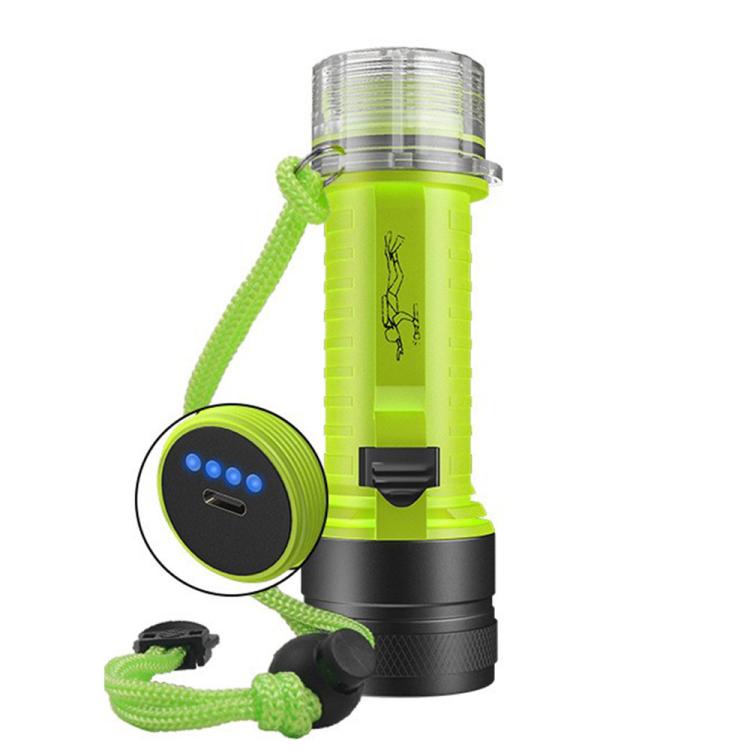 Bright green waterproof diving flashlight with black bezel and hanging lanyard