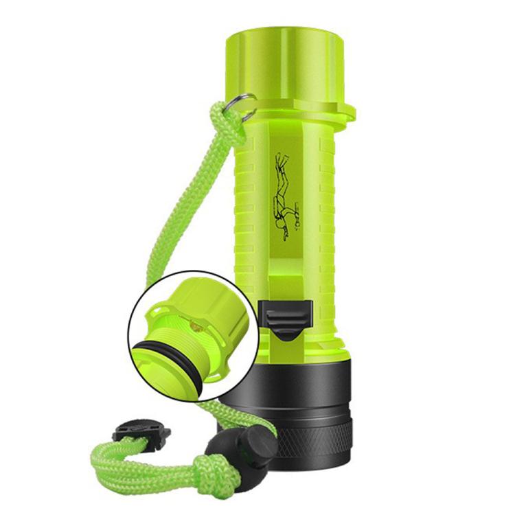 Waterproof diving flashlight in bright green with lanyard and focus-style lens