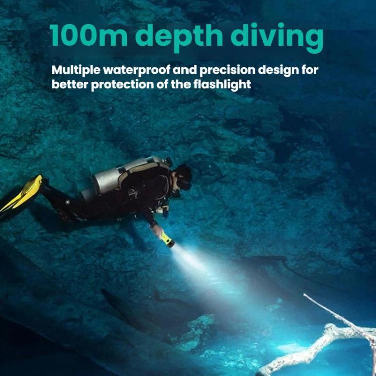 Waterproof diving flashlight with beam shown on a diver in deep water