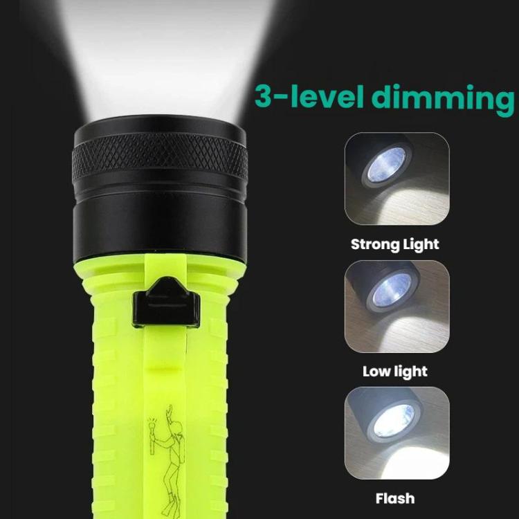 Black and bright green waterproof flashlight with 3-level dimming modes