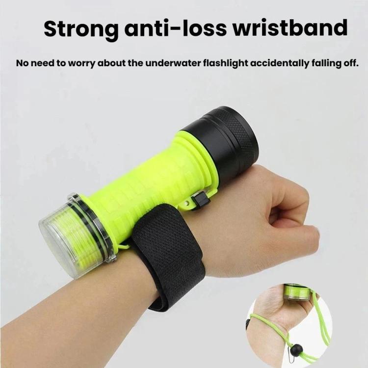 Waterproof diving flashlight worn with anti-loss wrist strap on bright green body