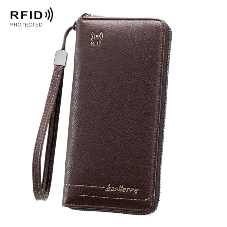 Dark brown RFID zip clutch wallet with wrist strap and textured leather finish