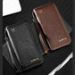 Two RFID zip clutch wallets: black and dark brown with wrist straps