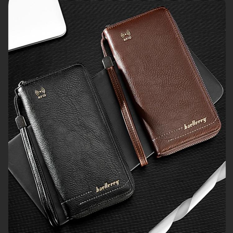 Two RFID zip clutch wallets: black and dark brown with wrist straps