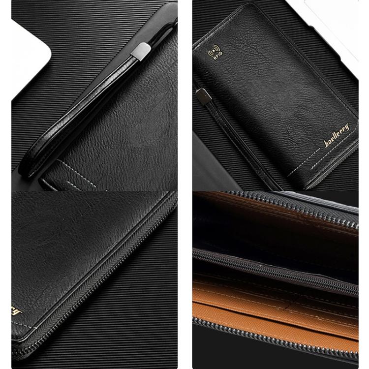 Black RFID zip clutch wallet close-up with zipper track and interior