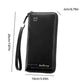 Black RFID zip clutch wallet with wrist strap and textured leather finish
