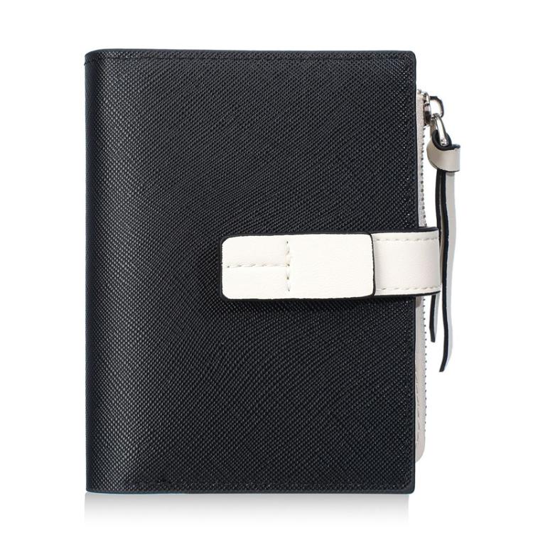 Black compact snap wallet with white tab front and zipper coin pocket pull
