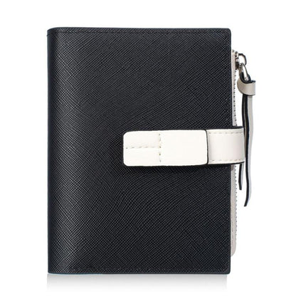 Black compact snap wallet with white tab front and zipper coin pocket pull