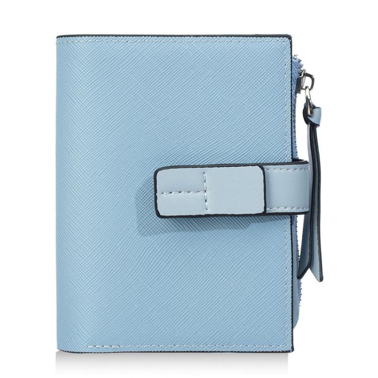 Blue compact snap wallet with white front tab and side zipper coin pocket pull